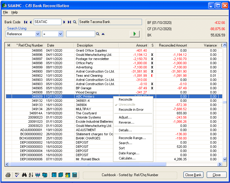 Bank Reconciliation Displays